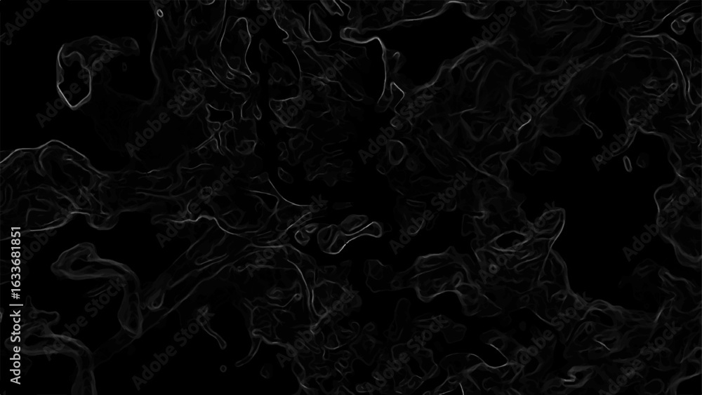Poster dark abstract digital texture with fine, glowing white contour fluid and chaotic design. silk and ba