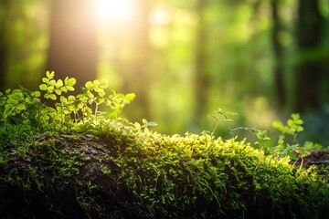 Fototapeta premium Sunlight filters through a forest, illuminating moss and young plants on a fallen log
