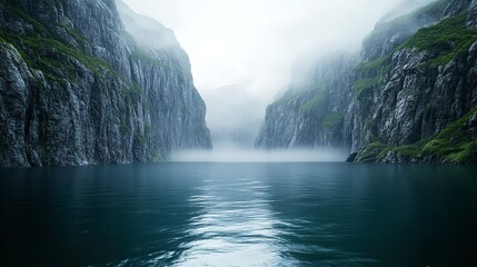 An ethereal fjord landscape veiled in mist the cliffs rise dramatically creating nature s wonder calm blue water and