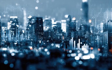 Night city skyline overlaid with financial data. Blurry cityscape at night, overlaid with abstract financial charts and graphs
