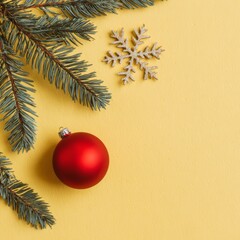 Christmas ornaments and pine branch decoration on the yellow background. Featuring a red sphere bauble, and a snowflake decor