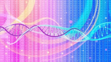 Dna strands on a digital background with pink and blue hues and binary code overlayed on the image