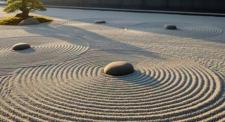 Naklejka premium Zen garden with raked sand patterns and rocks conveying peace and tranquility.