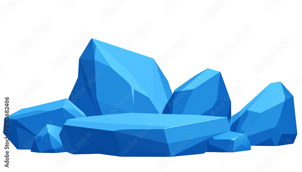 Poster polygon platform low-poly, blue crystal shards create a stage. black background