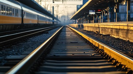 Train tracks at a station, sunrise
