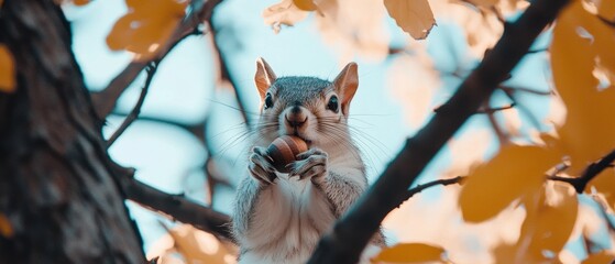 A squirrel holding an acorn in its mouth.