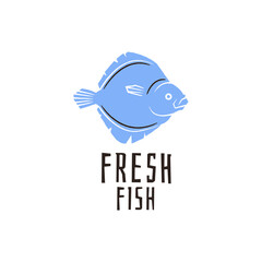 Obraz premium Fresh Fish logo. Flat vector illustration of a blue fish with clean text. Ideal for seafood packaging, fish markets, restaurants, or print branding. Vector illustration.
