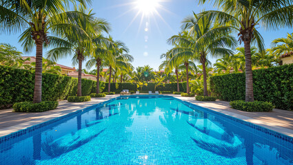 Stunning tropical resort swimming pool lined with palm trees and manicured hedges on a bright sunny day