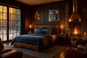 Cozy rustic bedroom with fireplace and forest view
