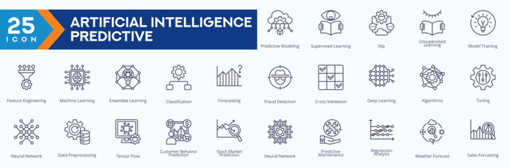 AI Prediction - icon collection. vector images Thin Line Set 
contains such Icon as predictive modeling, supervised learning, nlp, unsupervised learning and more.
Simple web icons set
