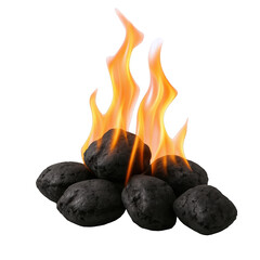 Glowing Embers and Fiery Flames Igniting a Pile of Dark, Textured Charcoal Briquettes in a Dynamic Display