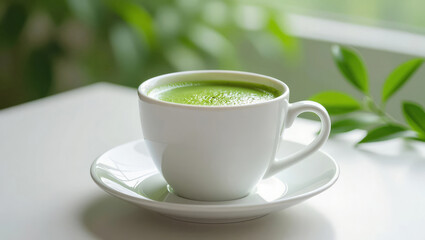 Savor the vibrant green froth of a perfectly prepared matcha latte in a clean white cup, a moment of pure, healthy indulgence.