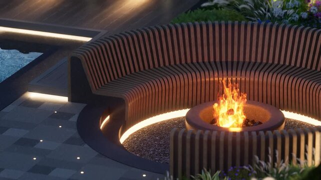 Landscaping around the backyard pool with evening lights. 3D render.
