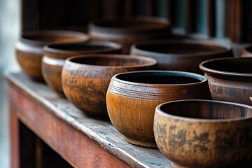 Fototapeta premium Wooden bowls arranged on a shelf