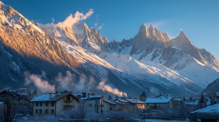 Fototapeta premium Charming alpine village at the foot of snow mountains, chimneys with smoke rising in the cold morning air, sunlight painting the peaks gold