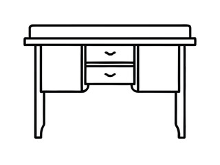 Detailed line art illustration of a classic wooden writing desk with multiple drawers and a vintage aesthetic