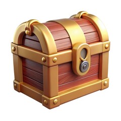 Antique wooden treasure chest with gold trim isolated on white background