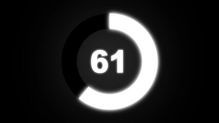 Numerical counting from 0 to 61. Circular progress bar with bright neon white light. Countdown timer from 0 to 61 seconds real time. Modern flat design of countdown animation on black background.