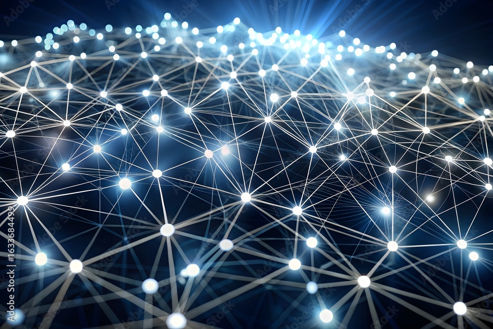 Poster abstract digital network of glowing nodes and connections, representing technology, data, and global