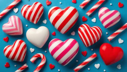 Sweethearts and candy canes scattered across a vibrant blue background creating a playful and festive Valentine's Day celebration
