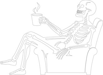 Skeleton in Rocking Chair Holding Steaming Cup Line Drawing