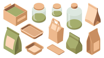 Assortment of eco-friendly packaging and containers in isometric view paper bag glass jar