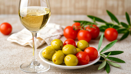 Savor a refreshing glass of crisp white wine paired with vibrant green olives and ripe red cherry tomatoes, a delightful Mediterranean appetizer.