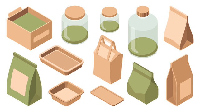 Assortment of eco-friendly packaging and containers in isometric view paper bag glass jar
