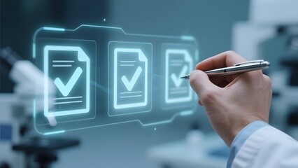 Scientist interacting with holographic interface displaying checkmarked documents in a laboratory setting