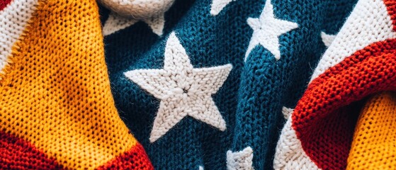 A close up of a knitted blanket with a pattern of stars and stripes.