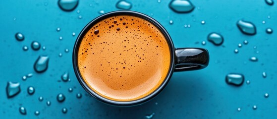 A cup of coffee with a frothy top sits on a blue surface, surrounded by water droplets.