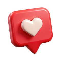 3d red speech bubble with white heart icon isolated on white background