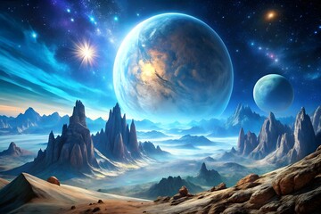 A breathtaking alien landscape under a vibrant cosmic sky filled with stars, nebulae, and celestial bodies, featuring towering rock formations and a large planet