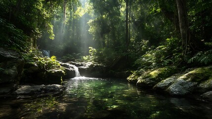 Sunlight breaking through dense jungle canopy to illuminate a waterfall cascading into a hidden pool, vibrant green and sparkling water droplets