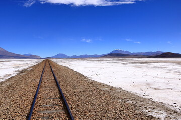Railroad tracks in the salar de Chiguana, Potosi department, Bolivia