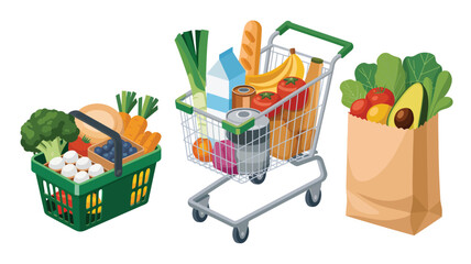 Shopping cart, basket, and bag filled with groceries in isometric view food