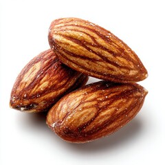 Three roasted almonds are isolated, showcasing their rich texture and nutty flavor. The composition is simple, highlighting the natural beauty of the food