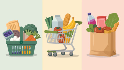 Colorful illustration of grocery shopping basket cart and paper bag food