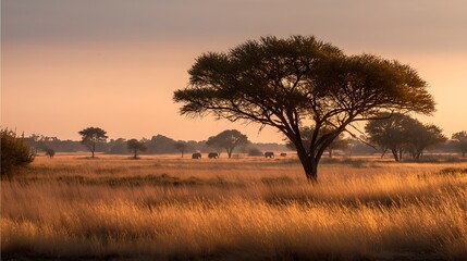 Obraz premium Golden hour sunlight illuminating tall dry grass with an acacia tree silhouette, distant silhouettes of elephants moving across the horizon