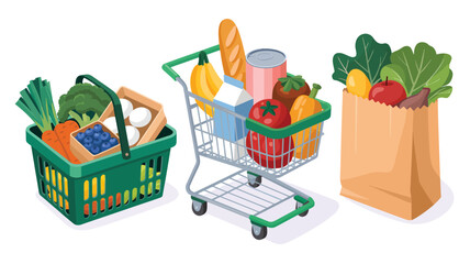 Green grocery basket, shopping cart, and paper bag with fresh food image photo