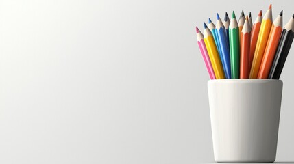 A white cup filled with colored pencils.