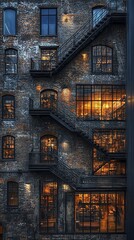 Fototapeta premium Industrial Brick Building with Fire Escape and Warm Interior Lighting at Sunset