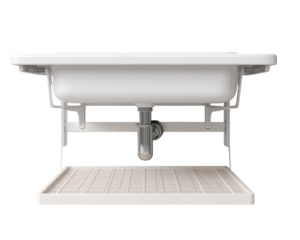 Underside of a mounted sink with shelf