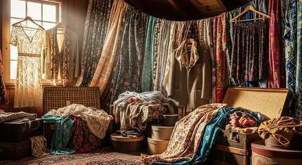 Fototapeta premium Room filled with textiles fabrics and clothes hanging and stacked in disarray.