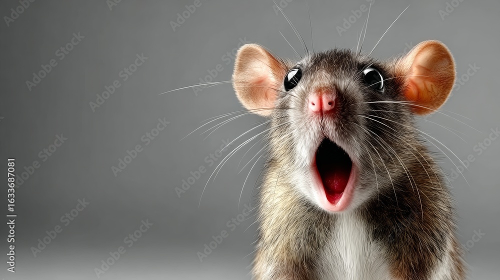 Poster small brown and white mouse with its mouth open and eyes wide open. the mouse is looking at the came