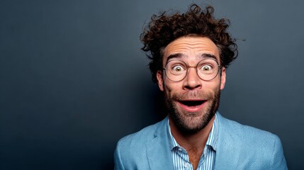 Fototapeta premium Man with glasses and a beard is smiling and looking surprised. He is wearing a blue shirt and a jacket
