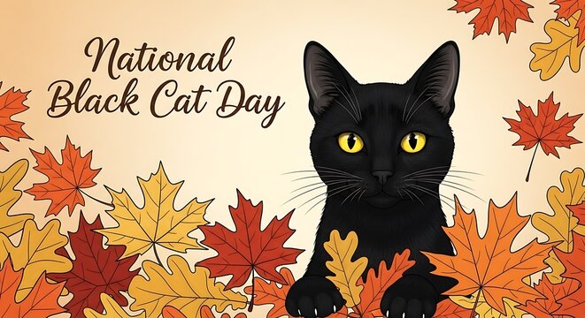 Black cat appreciation day celebrate national black cat day with a cute black cat and autumn leaves - Powered by Adobe