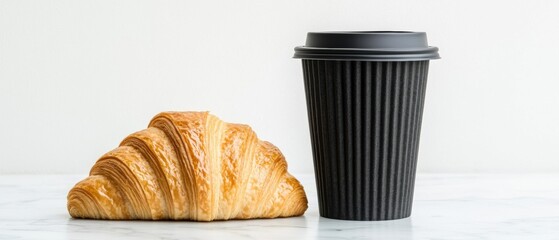 A croissant and a coffee cup on a marble countertop.