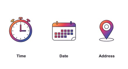 Icons of time, date, and address. Digital symbols for planning, scheduling, and location tracking. Modern design for app and ui.