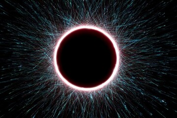 Obraz premium Black circular shape with colorful radiating lines, Abstract design with blue and red hues, Symbolic photo of energy or cosmos